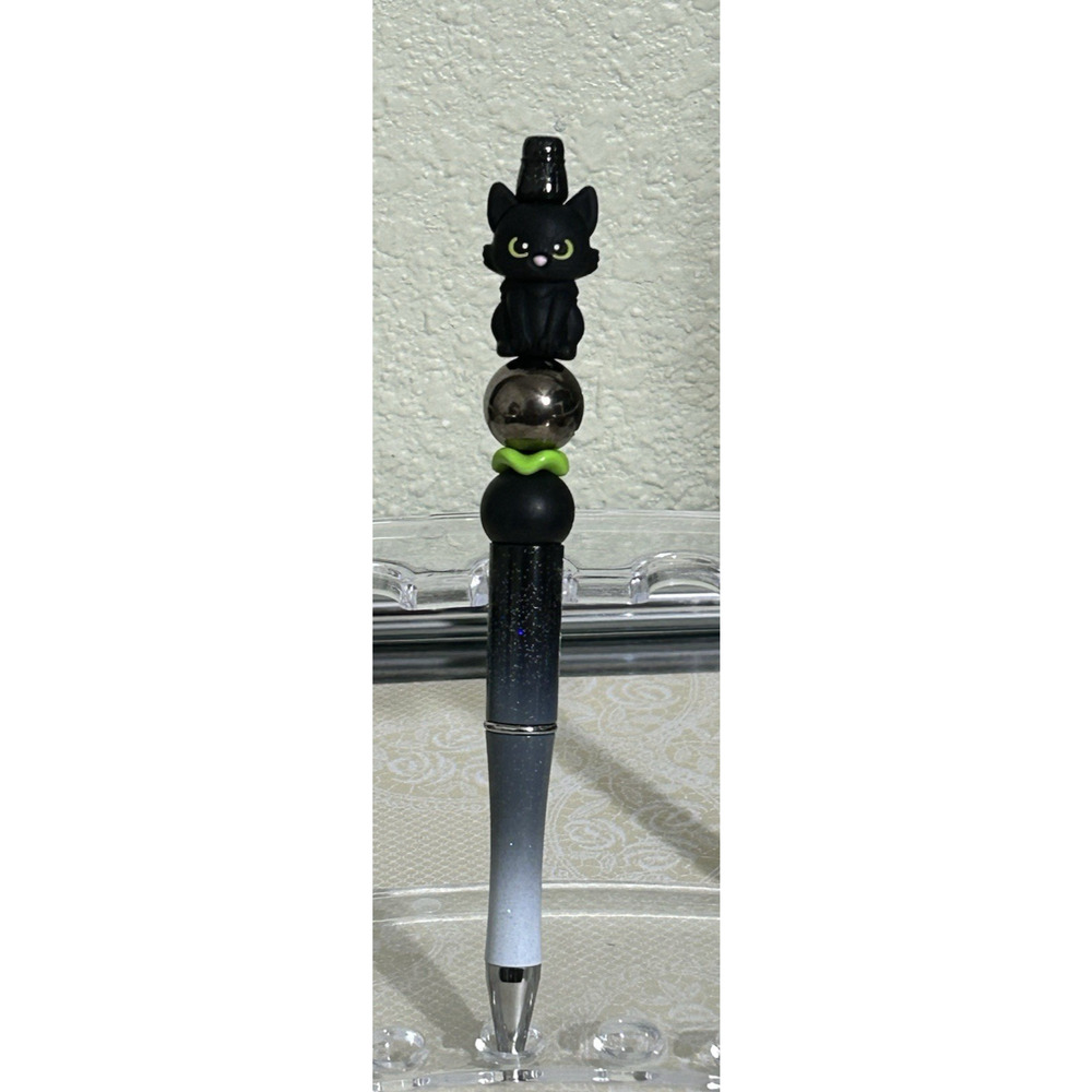 Custom Beaded Pen Black Cat Kitty Metallic Ombre Black Ink Handmade